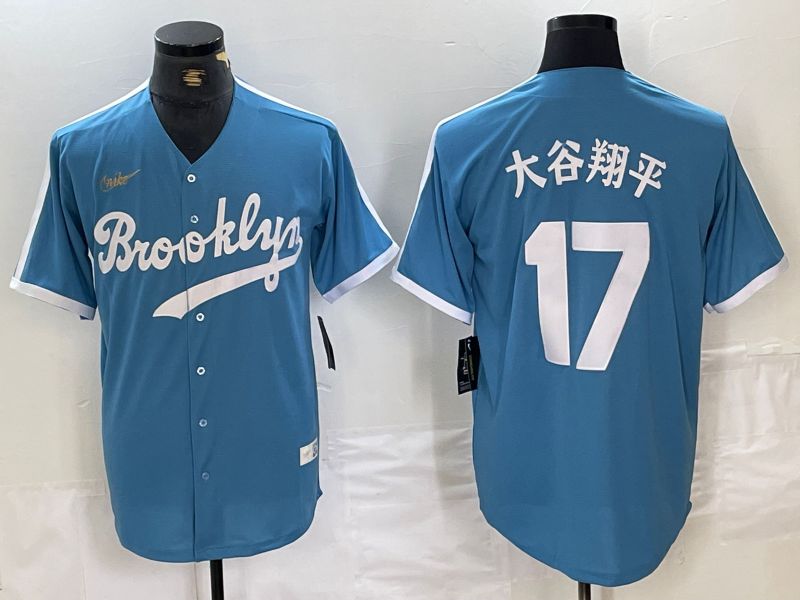 Men Los Angeles Dodgers 17 Ohtani Light blue Throwback 2024 Nike MLB Jersey style 4
